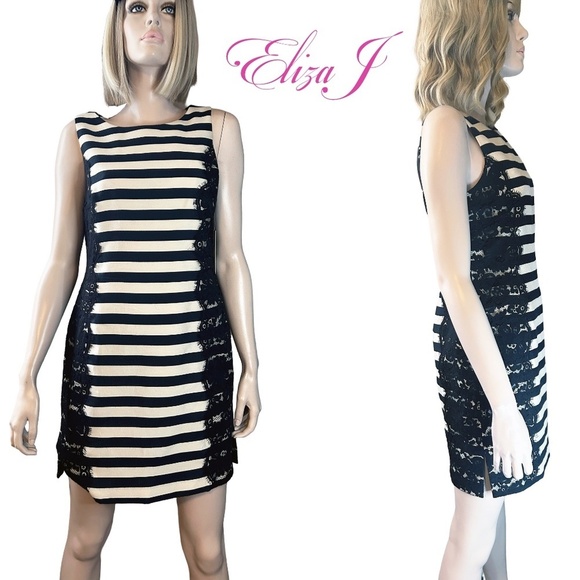 Eliza J Dress Rayon Blend Sheath Lace Lacy Stripes Scuba Sleeveless - Picture 1 of 15